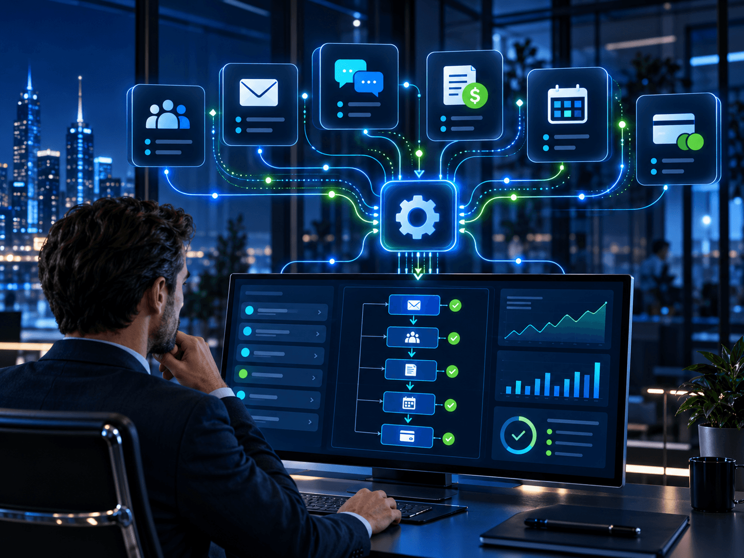 Automated workflow connecting CRM, communication, accounting and scheduling systems.