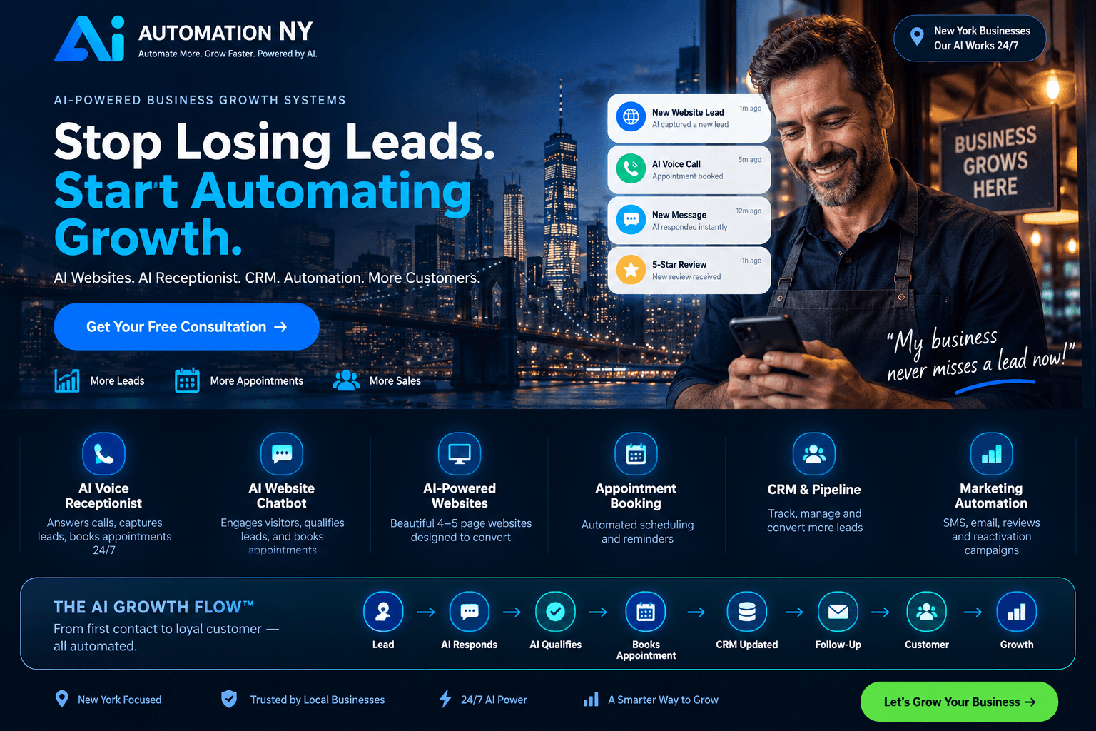 AI-powered business growth systems for New York: AI voice receptionist, website chatbot, AI websites, appointment booking, CRM pipeline, and marketing automation working 24/7.