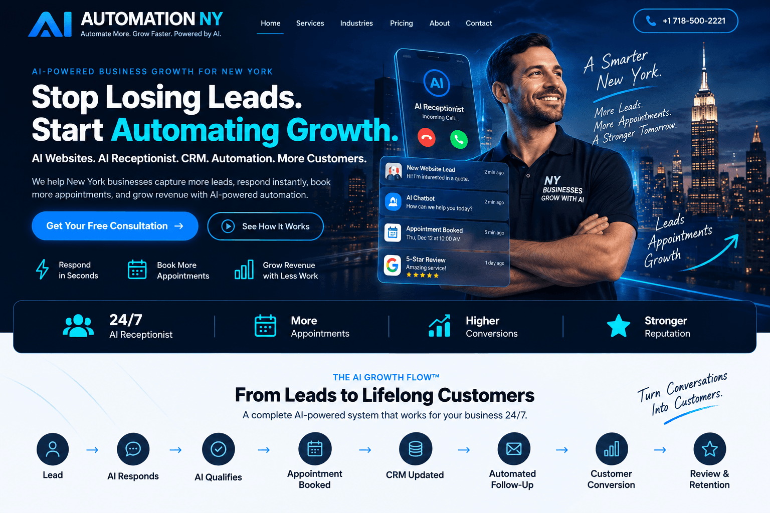 Confident New York business owner using AI receptionist to capture leads and book appointments 24/7.
