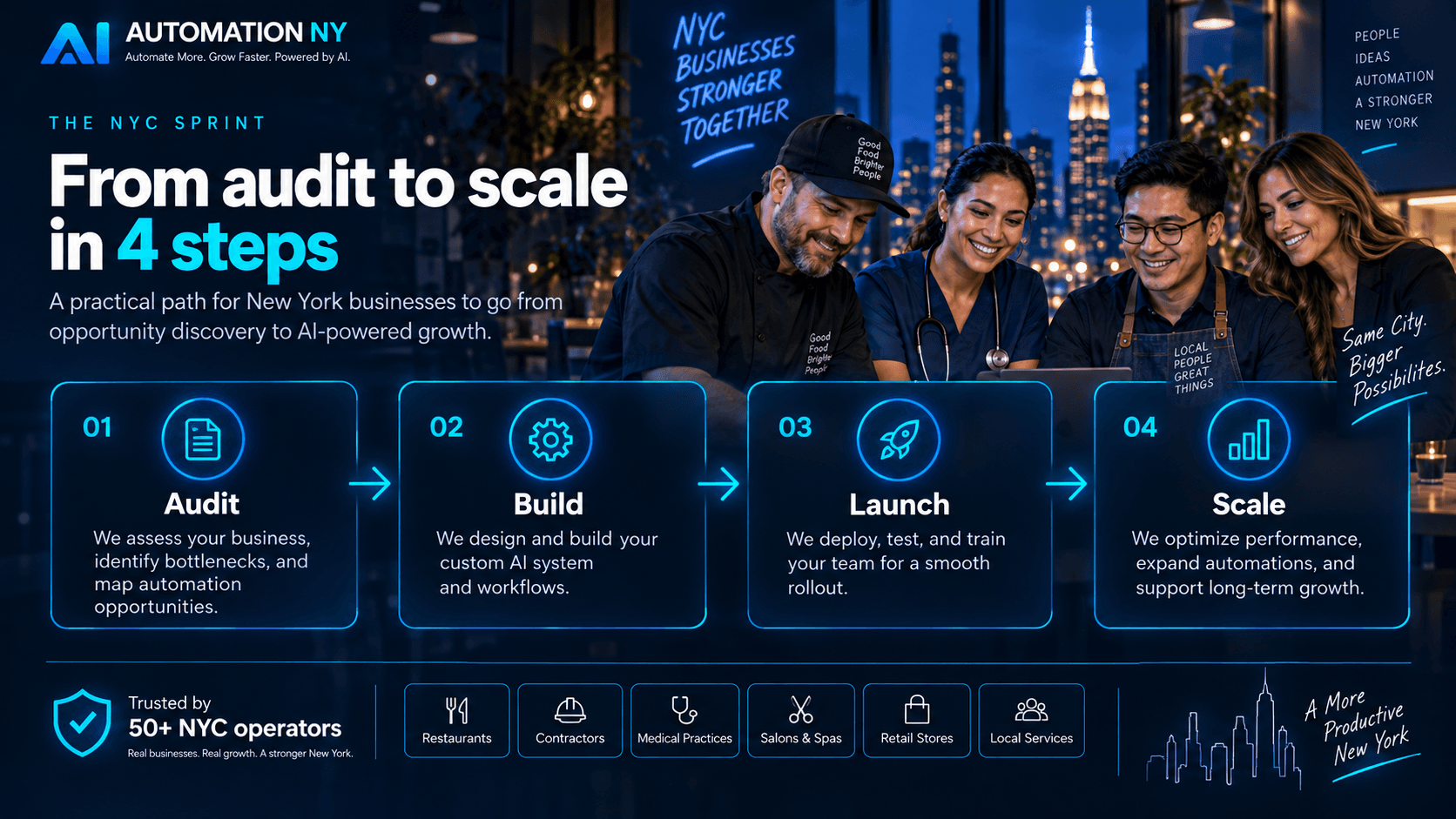Four-step AI automation process: audit, build, deploy, and scale connected by data streams.
